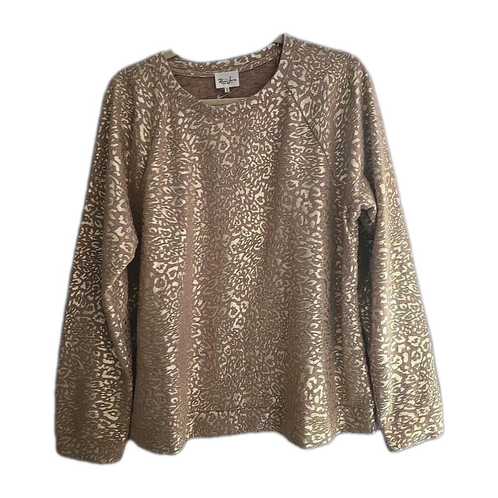 NWT Remi James Tan Gold Cheetah Foil Sparkle Knit Long Sleeve Top Womans Size XL